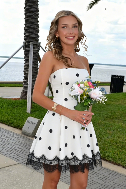 Elegant Satin And Lace A-Line Strapless Polka Dots Homecoming Dress