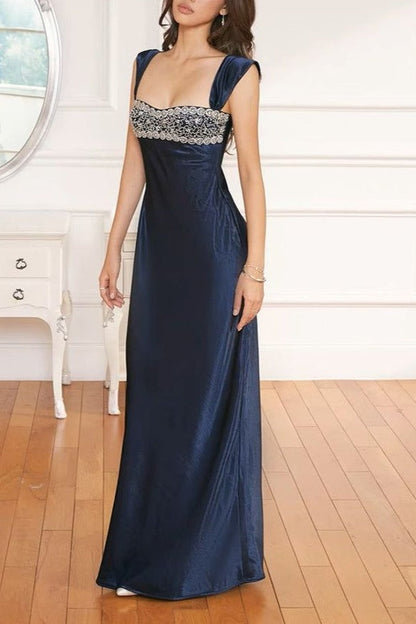 Elegant Satin Fitted Beaded Appliques Straps Party Prom Dress