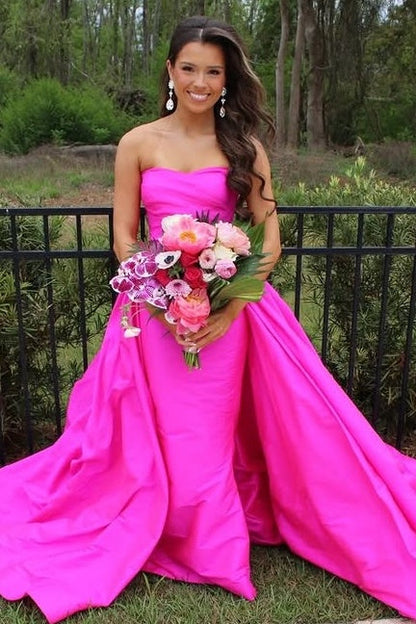 Elegant Strapless Fitted Satin Party Prom Dress With Train