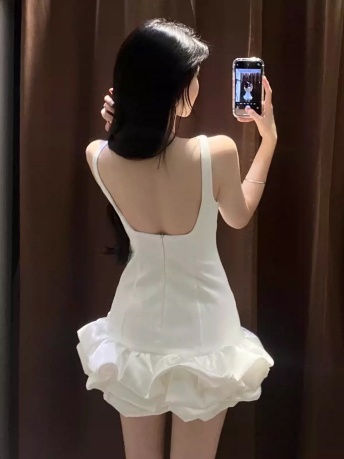 Cute White Sleeveless Satin Floral Skirt Homecoming Dress P3404