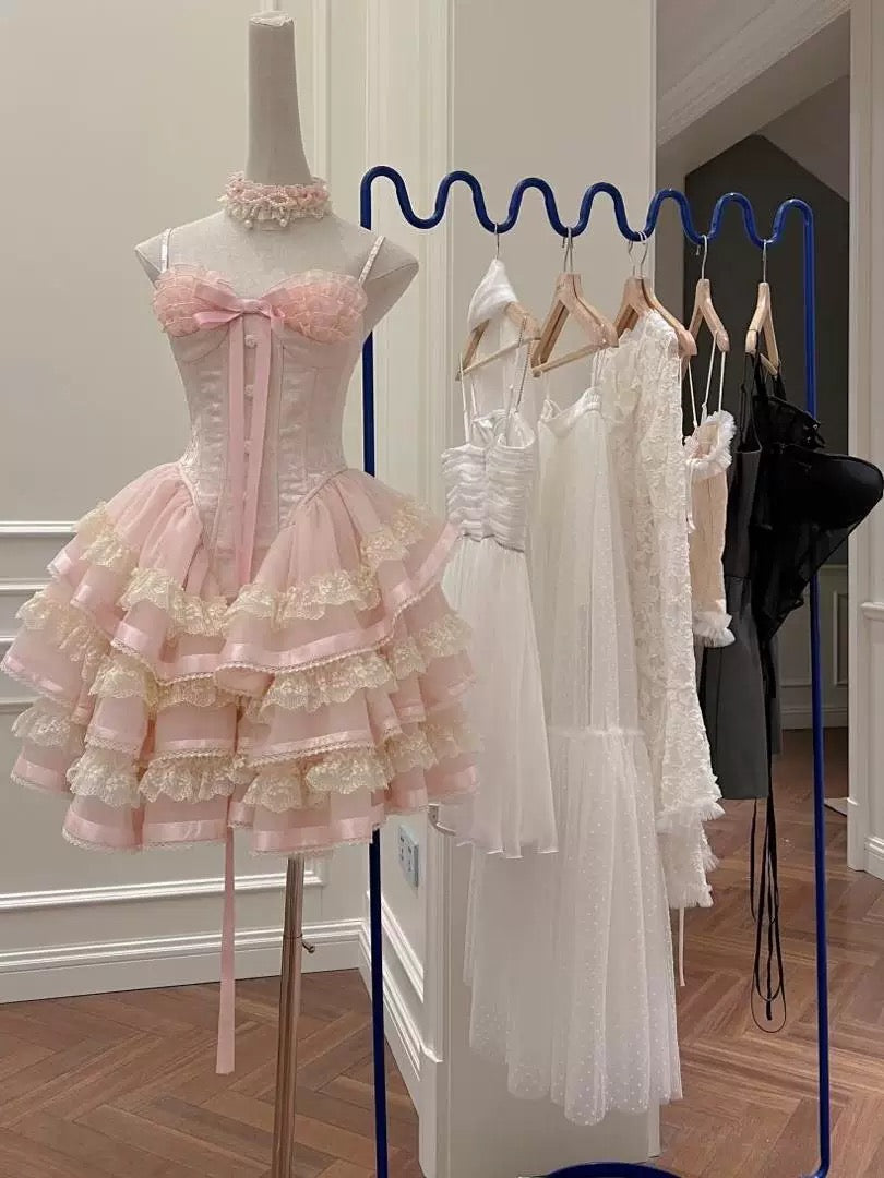 Princess Heart-shaped Collar Bow Herringbone Lace Edge Fluffy 17th Birthday Homecoming Dress P3781