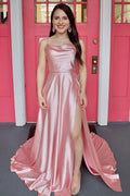 Classy Strapless Green Prom Dresses Satin Leg Slit Formal Dress