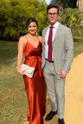 Straps V-Neck Orange Long Dress Formal Outfit Elegant Prom Dresses