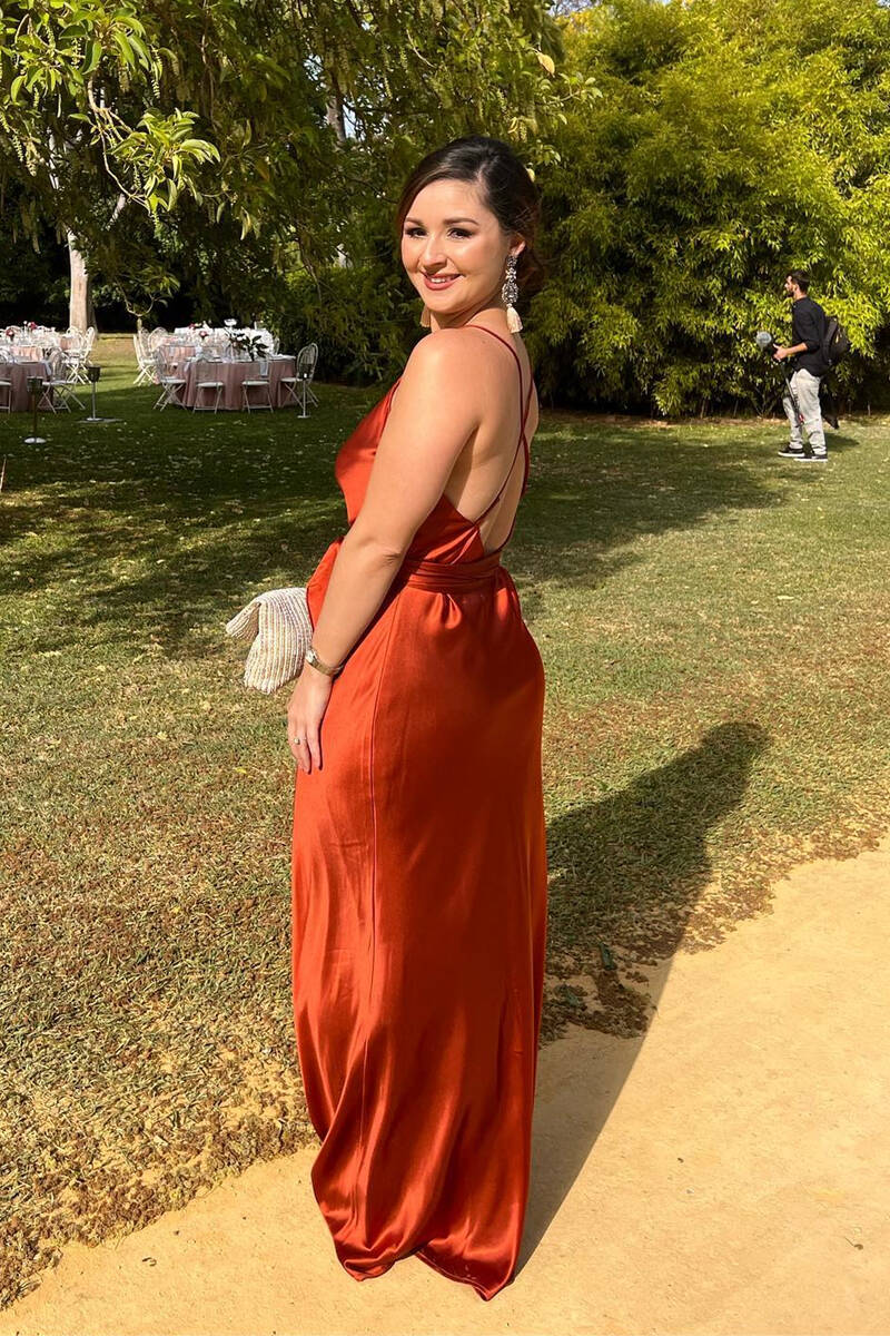 Straps V-Neck Orange Long Dress Formal Outfit Elegant Prom Dresses