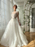 Romantic 3D Floral & Pearl Beaded Lace Bodice Illusion High Neck Puff Long Sleeve A-Line Wedding Dress TP5915