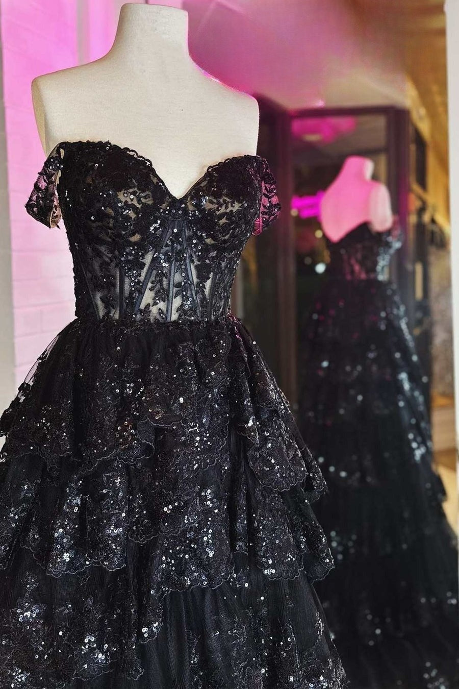 Hot Pink Off-Shoulder Sequined Layers A-line Long Prom Dress with Slit