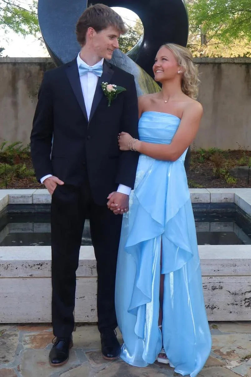 Fashion A-Line Pleated Strapless Chiffon Split Party Prom Dress