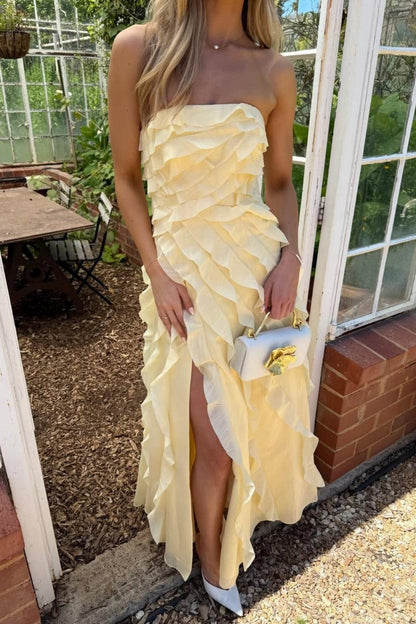 Fashion Chiffon A-Line Strapless Tiered Ruffle Split Party Prom Dress