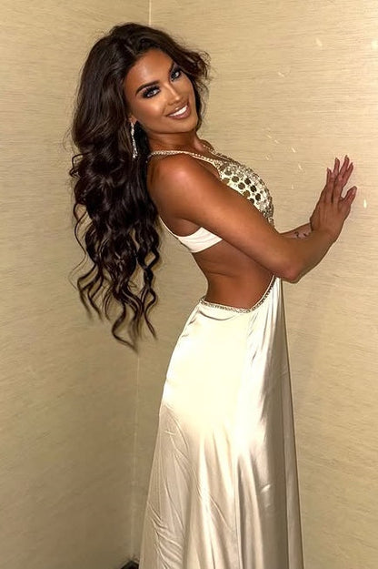 Fashion Low V-Neck Illusion Empire Backless Satin Sheath Party Prom Dress