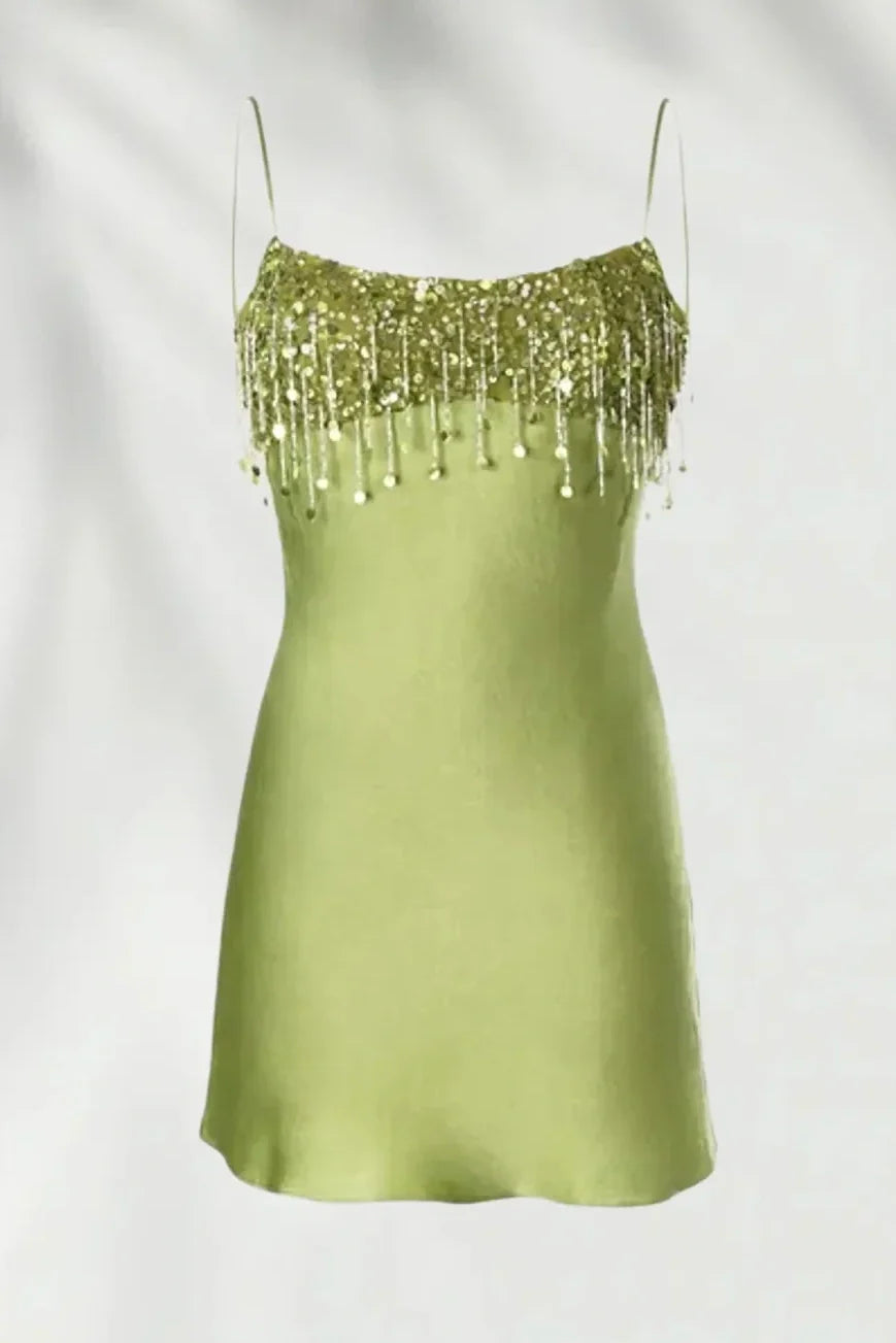 Fashion Spaghetti Straps Beaded Top Satin Mini Party Homecoming Dress