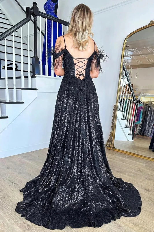 Feather Off-Shoulder A-Line Empire Sparkly Party Prom Dress