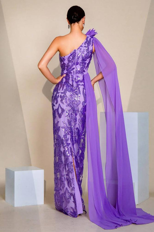 Fitted One Shoulder Sleeves Party Evening Dress With Train