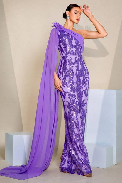 Fitted One Shoulder Sleeves Party Evening Dress With Train