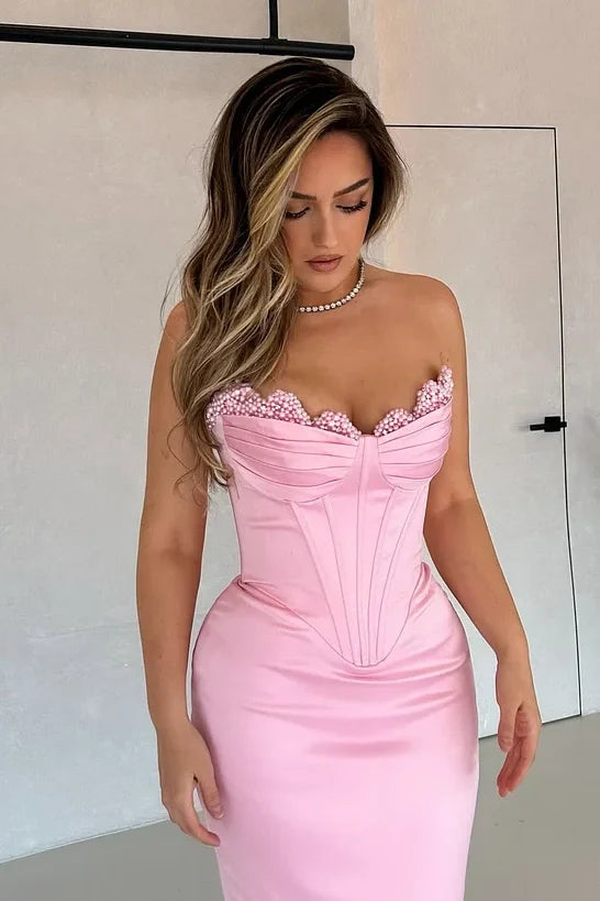 Fitted Satin Strapless Floor-Length Prom Party Dress