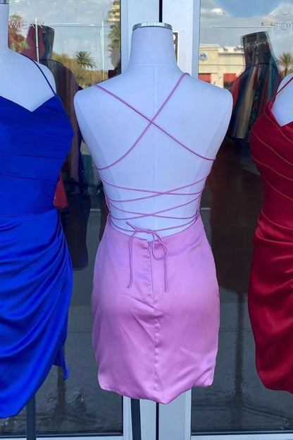 Fitted Satin V-Neck Lace Up Pleated Empire Homecoming Dress