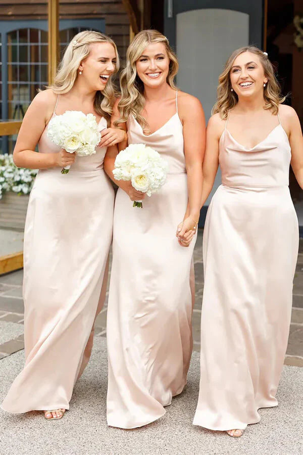 Fitted Spaghetti Straps Floor-Length Satin Bridesmaid Dress