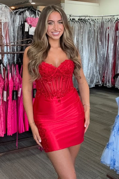 Fitted Sweetheart Sleeveless Satin Homecoming Dress With Lace Appliques