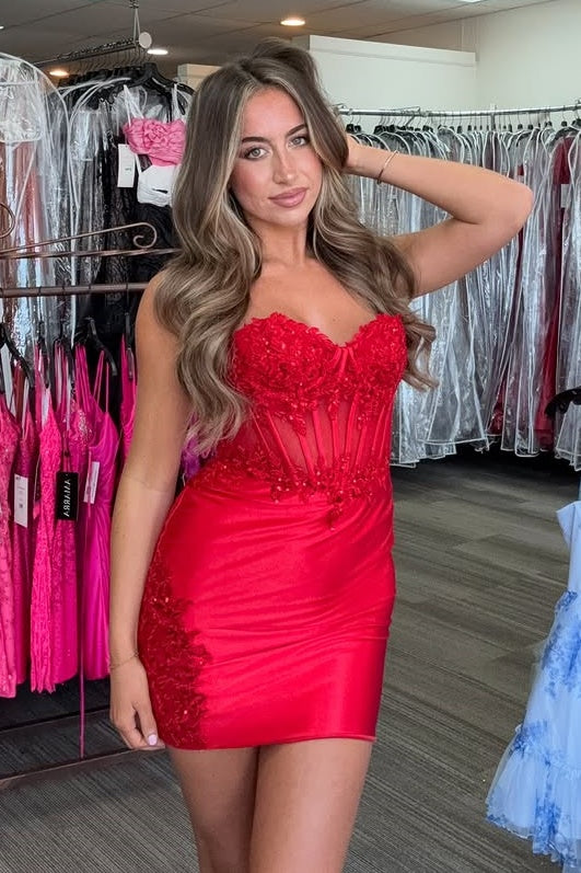 Fitted Sweetheart Sleeveless Satin Homecoming Dress With Lace Appliques