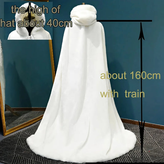 Long Faux Fur White Winter Wedding Cloak Bride Shawl Cape Cos Christmas Coat