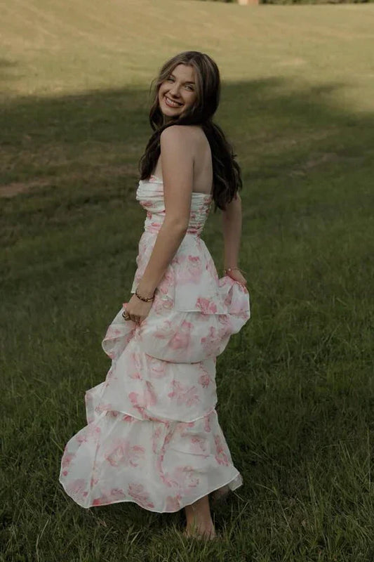 Floral Appliques Sweetheart Strapless Chiffon A-Line Party Prom Dress