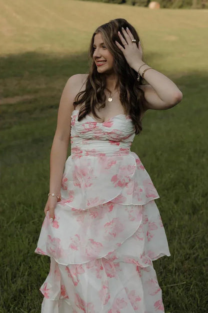 Floral Appliques Sweetheart Strapless Chiffon A-Line Party Prom Dress
