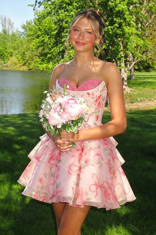 Floral Print Sweetheart Sleeveless Chiffon A-Line Tiered Homecoming Dress