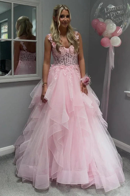 Floral Straps Lace And Tulle Tiered Long Formal Party Prom Gown