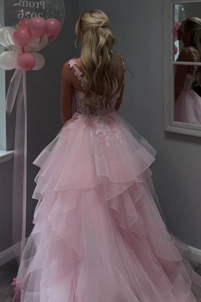 Floral Straps Lace And Tulle Tiered Long Formal Party Prom Gown