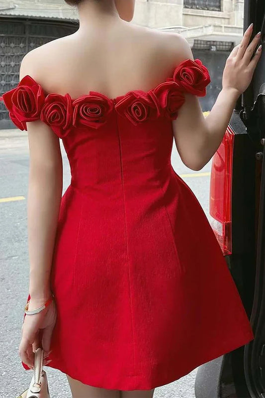 Florals Off-Shoulder Satin A-Line Empire Homecoming Dress