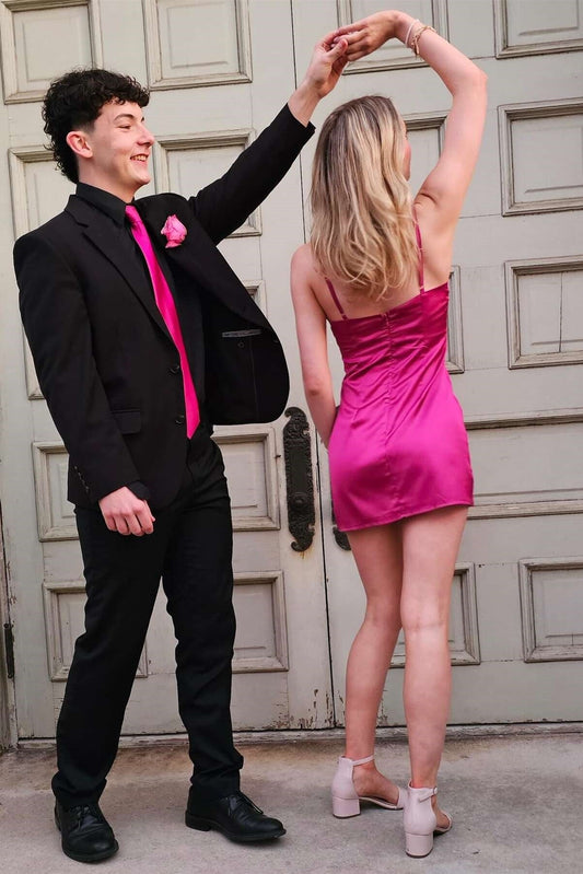Fuchsia V-Neck Sleeveless Mini Satin Evening Homecoming Dress
