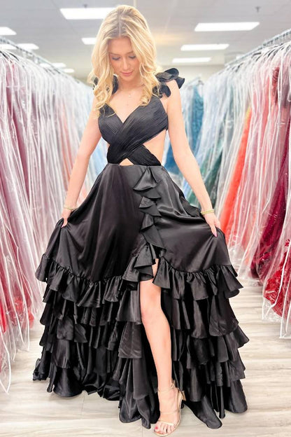 Crossed Top Ruffled Layers Long Prom Dress with Slit