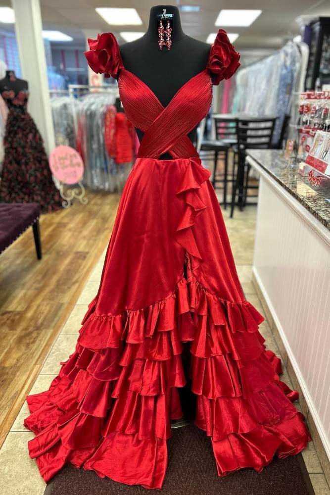 Crossed Top Ruffled Layers Long Prom Dress with Slit