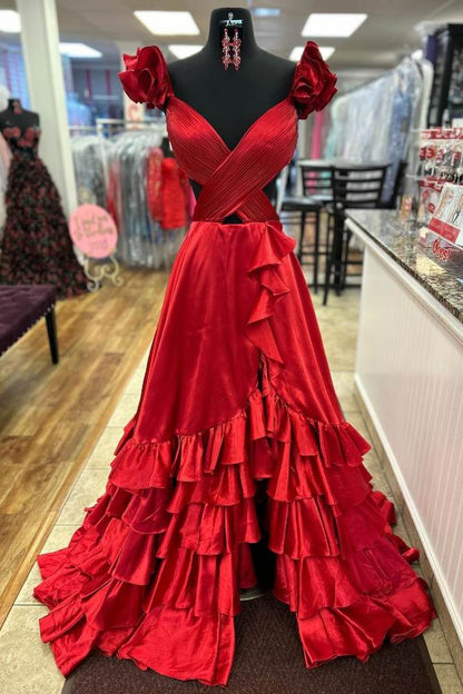 Crossed Top Ruffled Layers Long Prom Dress with Slit