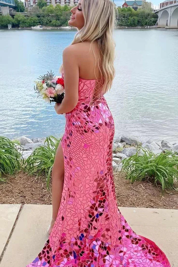 Fully Beaded Strapless Sleeveless Empire Party Prom Dress With Slit