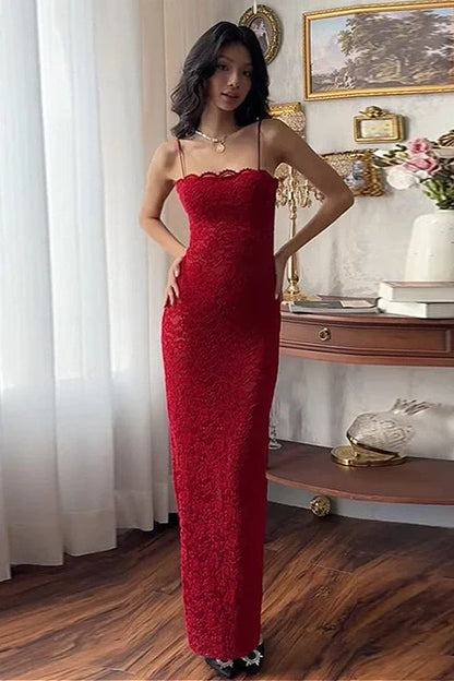 Fully Lace Fitted Square Sleeveless Party Prom Dress With Slit