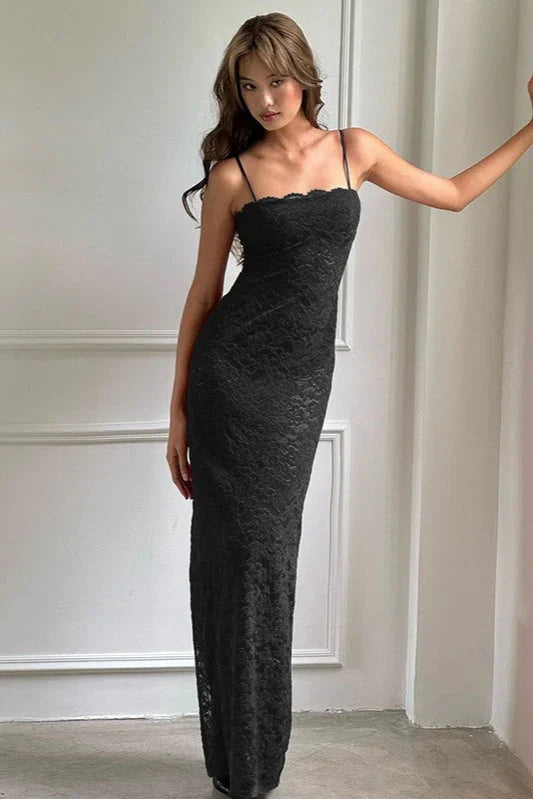 Fully Lace Fitted Square Sleeveless Party Prom Dress With Slit