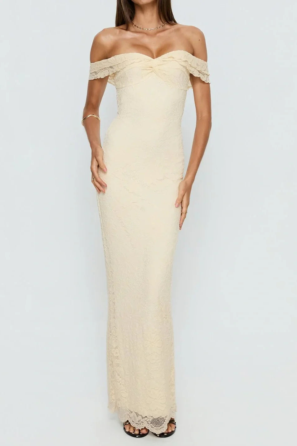 Fully Lace Ruffle Off-Shoulder Fitted Floor-Length Party Prom Dress