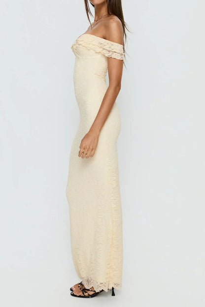 Fully Lace Ruffle Off-Shoulder Fitted Floor-Length Party Prom Dress
