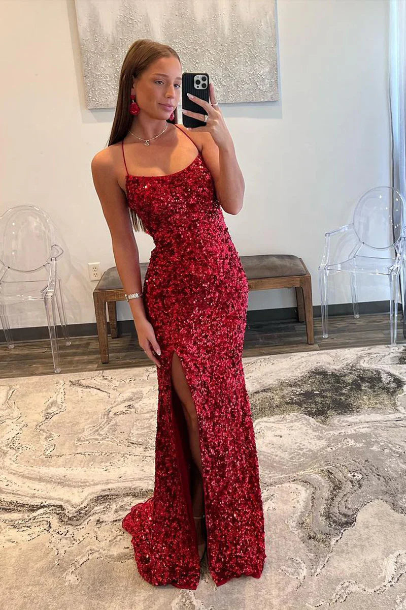 Fully Sequins Bateau Lace Up Mermaid Party Prom Dress