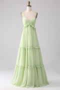 Sexy Ruffles A Line Dress V-neck With Lace-Up Back Prom Dresses GG007
