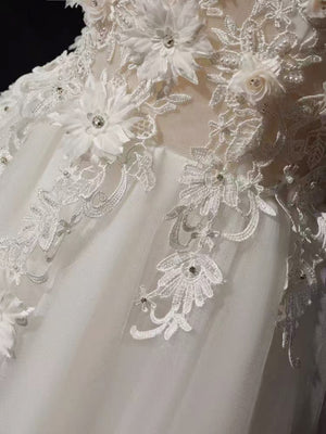 Delicate A Line Off the Shoulder White Lace Prom Dresses, White Lace Formal Evening Dresses  GG018