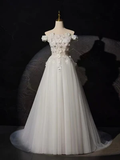 Delicate A Line Off the Shoulder White Lace Prom Dresses, White Lace Formal Evening Dresses  GG018