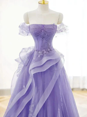 Elegant A Line Off Shoulder Crystals Purple Lace Long Prom Dresses, Formal Dresses, Purple Evening Dresses GG020