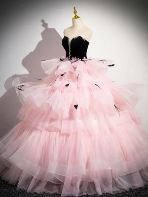 Gorgeous Beaded Pink Tulle Long Prom Dresses with Black Velvet top,Formal Evening Dresses, Ball Gown GG021