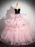 Gorgeous Beaded Pink Tulle Long Prom Dresses with Black Velvet top,Formal Evening Dresses, Ball Gown GG021