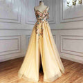 Delicate A Line One Shoulder Champagne Long Prom Dress with Embroidery Flowers Slit GG032