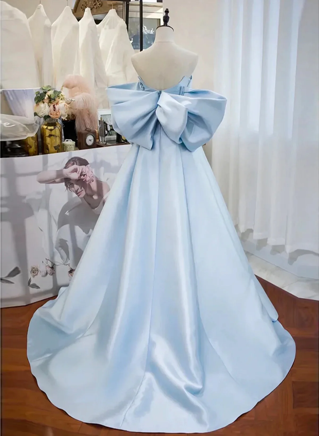 Elegant A Line Sweetheart Neck Off the Shoulder Light Blue Satin Long Prom Dresses, Long Formal Evening Dresses  GG036