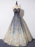 Elegant A Line Blue Ombre Long Lace Prom Dresses, Blue Long Lace Tulle Formal Evening Dresses GG041