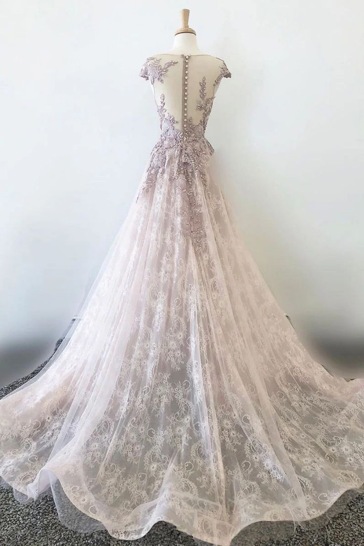 New Unique A Line Sheer Straps Beaded Tulle Lace Long Prom Dress GG042