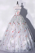 Delicate A Line Gorgeous Strapless White Long Lace Prom Dresses, Ivory Floral Long Formal Evening Dresses GG043